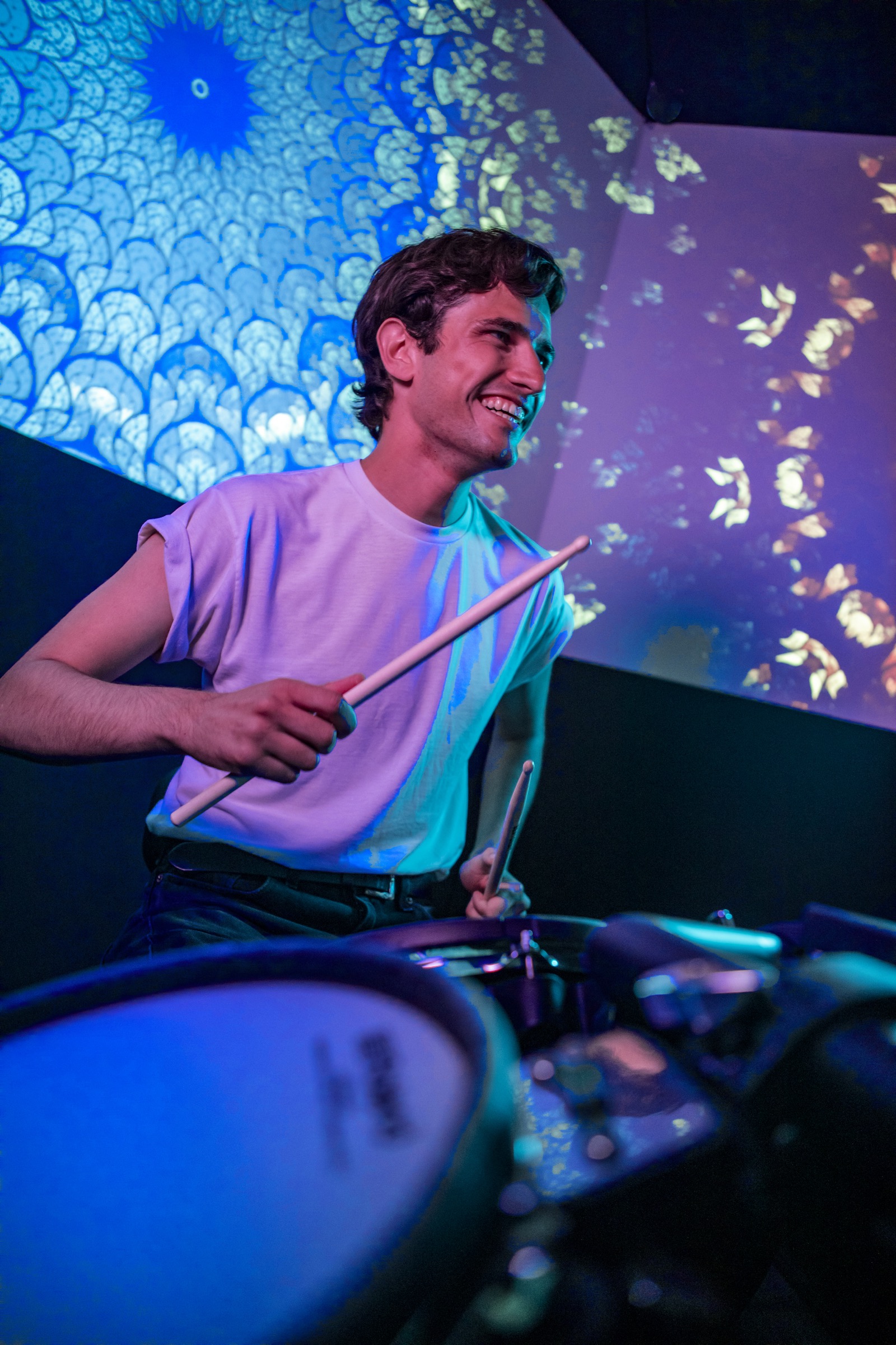 A guest drumming at BeatOrbit